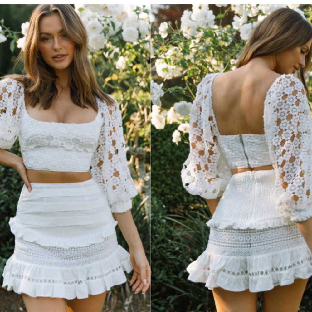 Summer Bloom Balloon Sleeve Lace Overlay Crop Top White